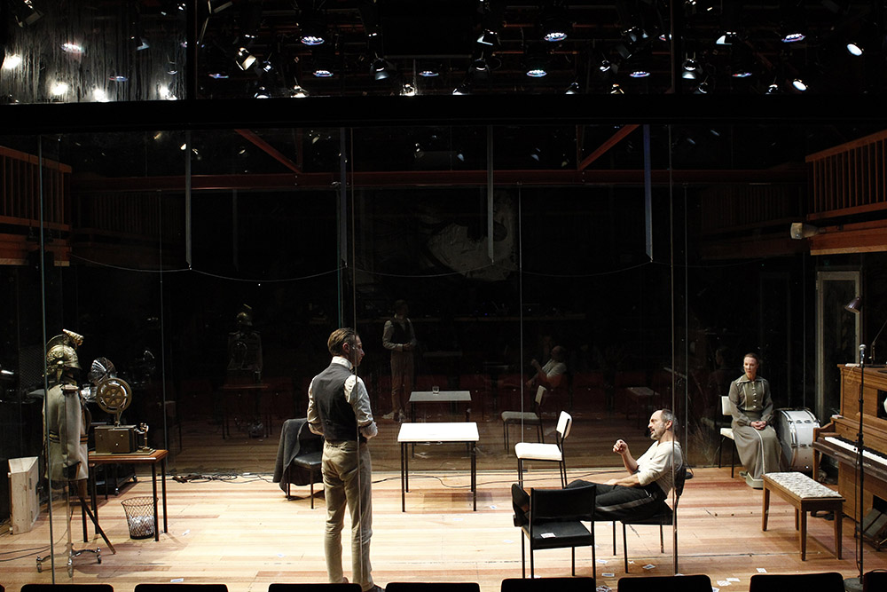 Production still for "Dance of Death". L-R: David Paterson as Kurt, Jacek Koman as Edgar, Belinda McClory as Alice. Photographer: Jeff Busby