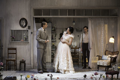 Production still for "The Glass Menagerie". L-R: Harry Greenwood as Jim O'Connor, Pamela Rabe as Amanda Wingfield, Luke Mullins as Tom Wingfield. Photographer: Pia Johnson