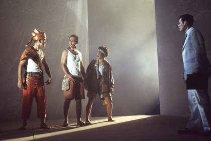 Production still for "Miss Tanaka". L-R: Tony Yap as Hanif, Bradley Byquar as Kazuhiko, Yumi Umiumare as Sakamoto, Jeremy Stanford as Mott. Photographer: Jeff Busby