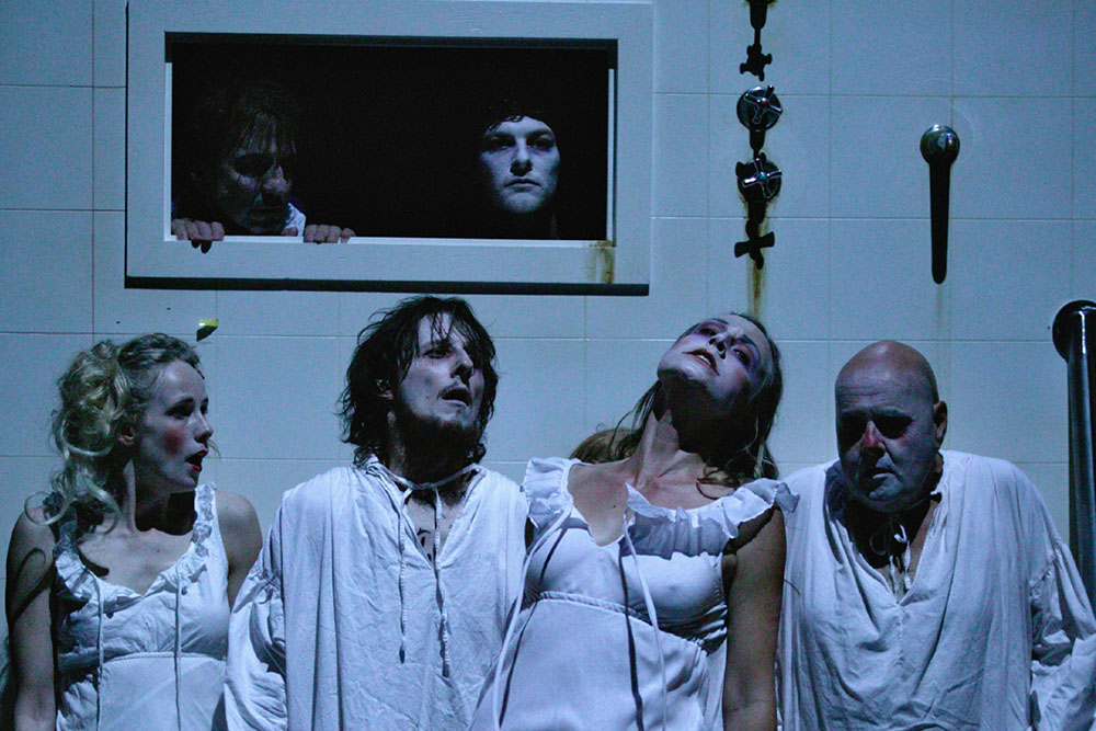 Production still for "Journal of the Plague Year". Rear L-R: Robert Menzies, Dan Spielman. Front L-R: Lucy Taylor, Matthew Whittet, Marta Dusseldorp, Ross Williams. Photographer: Lisa Tomasetti
