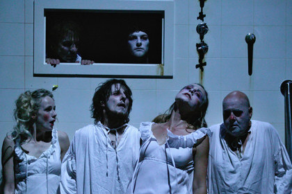 Production still for "Journal of the Plague Year". Rear L-R: Robert Menzies, Dan Spielman. Front L-R: Lucy Taylor, Matthew Whittet, Marta Dusseldorp, Ross Williams. Photographer: Lisa Tomasetti
