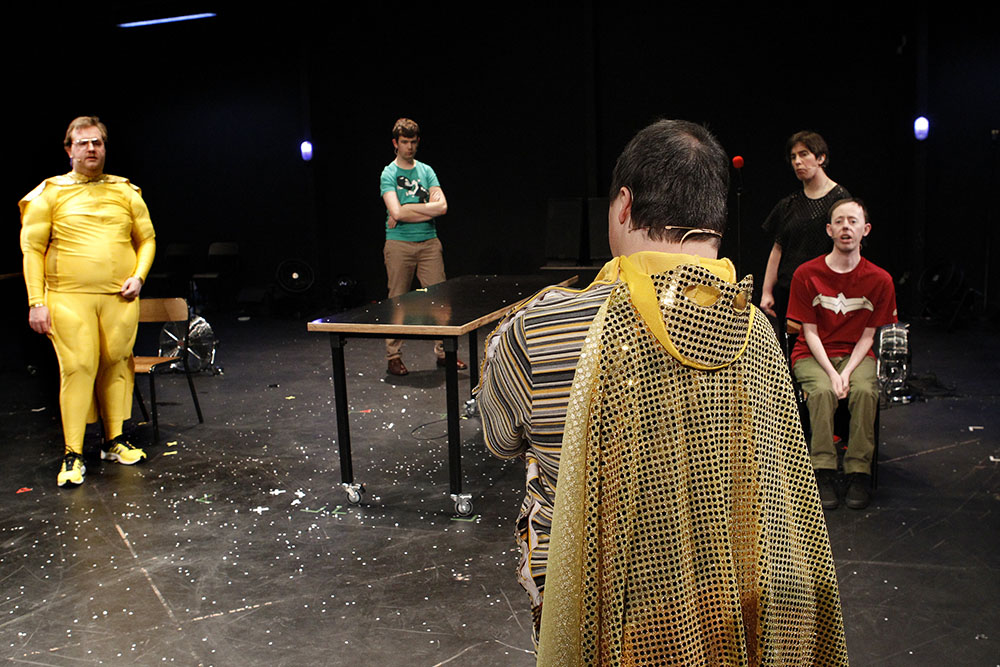 Production still for "Super Discount". L-R: Brian Tilley, Scott Price, Mark Deans, Sarah Mainwaring, Simon Laherty. Photographer: Jeff Busby