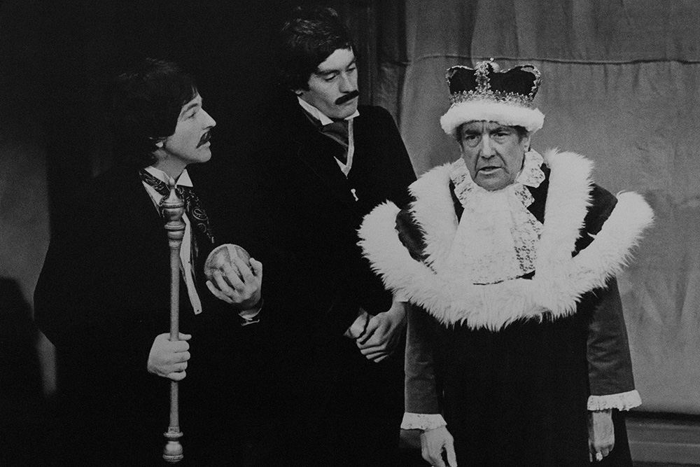 Production still for "The Virgin: Miracles for Christmas". L-R: Bill Connolly, Peter Ford, Michael Duffield. Photographer: Jeff Busby