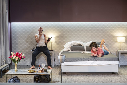 Production still for "Blasted". L-R: David Woods as Ian, Eloise Mignon as Cate. Photographer: Pia Johnson