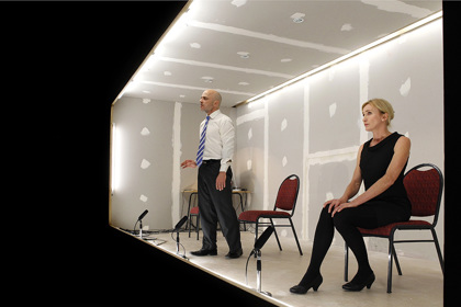 Production still for "On the Misconception of Oedipus". L-R: Daniel Schlusser as Laius, Natasha Herbert as Jocasta, Richard Pyros as Oedipus. Photographer: Jeff Busby