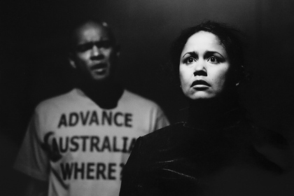 Production still for "Crow Fire". L-R: Tony Briggs as Jungi, Melodie Reynolds As Dayna. Photographer: Rachelle Roberts