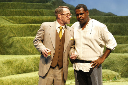 Production still for "The Dragon". L-R: Kim Gyngell as The Mayor, Jimi Bani as Lancelot. Photographer: Jeff Busby