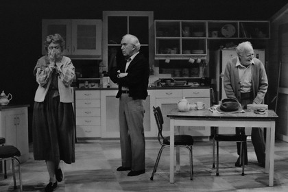 Production still for "Alive and Kicking". L-R: Patricia Kennedy as Rebecca, Brian James as Stan, Robin Cuming as Alan. Photographer: Unknown