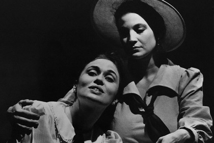 Production still for "Earthly Paradise". L-R: Nadia Kostich as Lesbia, Elly Varrenti. Photographer: Jeff Busby