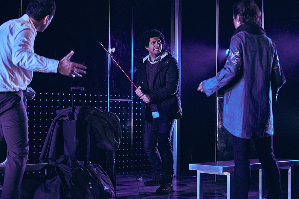 Production still for "Good Muslim Boy". L-R: Rodney Afif, Osamah Sami, Nicole Nabout. Photographer: Tim Grey