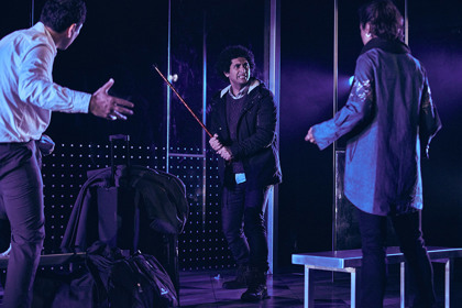 Production still for "Good Muslim Boy". L-R: Rodney Afif, Osamah Sami, Nicole Nabout. Photographer: Tim Grey