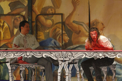 Production still for "'Tis Pity She's a Whore". L-R: Anthony Brandon Wong as Vasques, Benedict Samuel as Vasques. Photographer: Jeff Busby