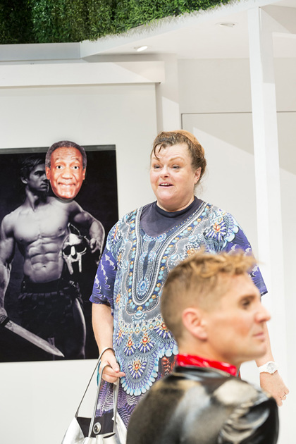 Production still for "The Homosexuals, or "Faggots"". L-R: Genevieve Lemon as Diana, Simon Corfield as Kim. Photographer: Brett Boardman