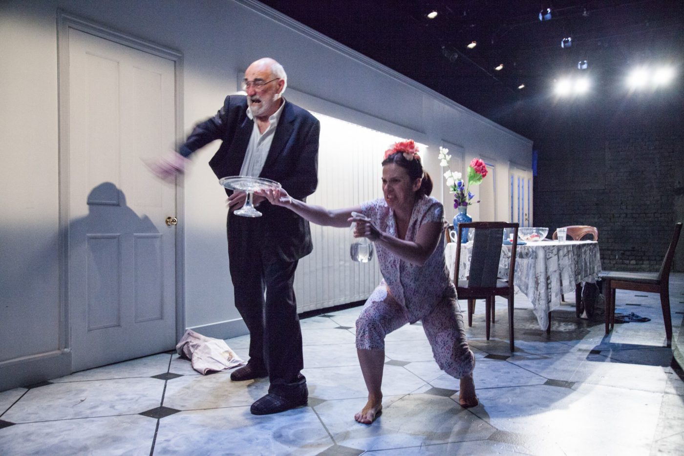 Production still for "Meta". L to R: John Flaus and Mary Helen Sassman. Photographer: Pierre Carthew