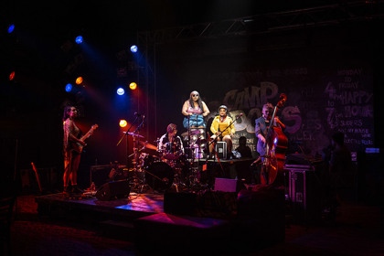Production still for "Barbara and the Camp Dogs". L-R: Sorcha Albuquerque, Michelle Vincent, Elaine Crombie, Ursula Yovich, Jessica Dunn. Photographer: Pia Johnson