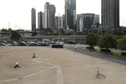 Production still for "Depth of Field". L-R: James Vu Anh Pham, Niharika Senapati, Tara Jade Samaya. Photographer: Jeff Busby