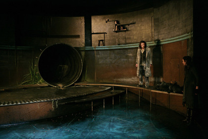 Production still for "Knives in Hens". L-R: Dan Spielman as Gilbert Horn, Kate Box as the Young Woman. Photographer: Jeff Busby