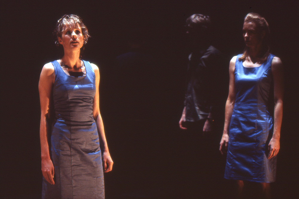 Production still for "Still Angela". L-R: Lucy Taylor, Simon Wilton (rear), Margaret Mills. Photographer: Jeff Busby