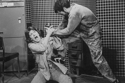 Production still for "Interrogation of Angel". L-R: Cheryl Heazlewood as Rita, Gary Samolin as John Kenny. Photographer: David Parker