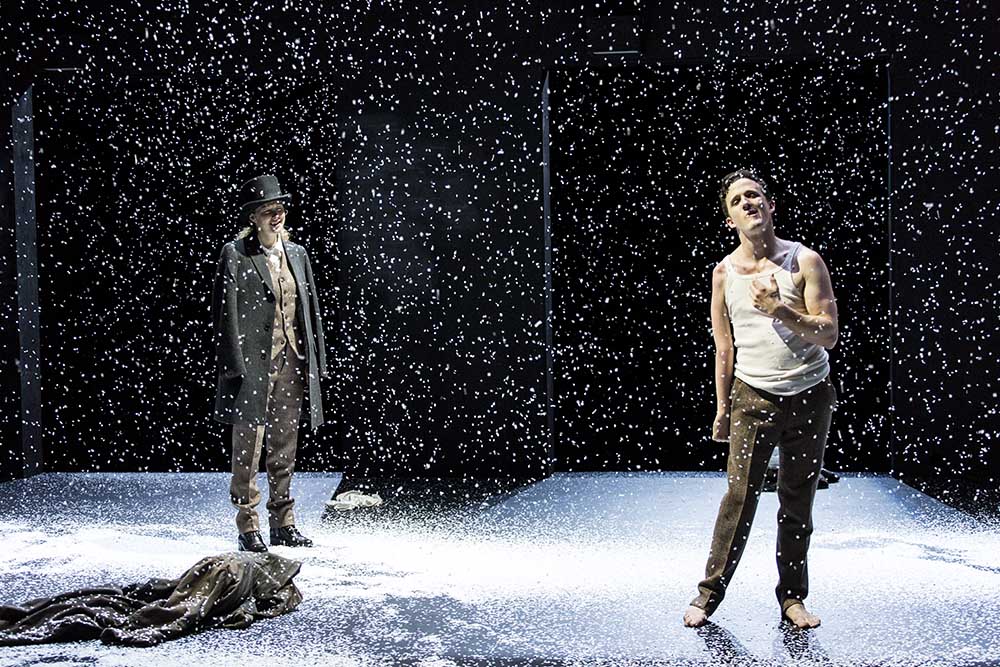 Production still for "The Real and Imagined History of the Elephant Man". L-R: Sophie Ross, Daniel Monks. Photographer: Pia Johnson