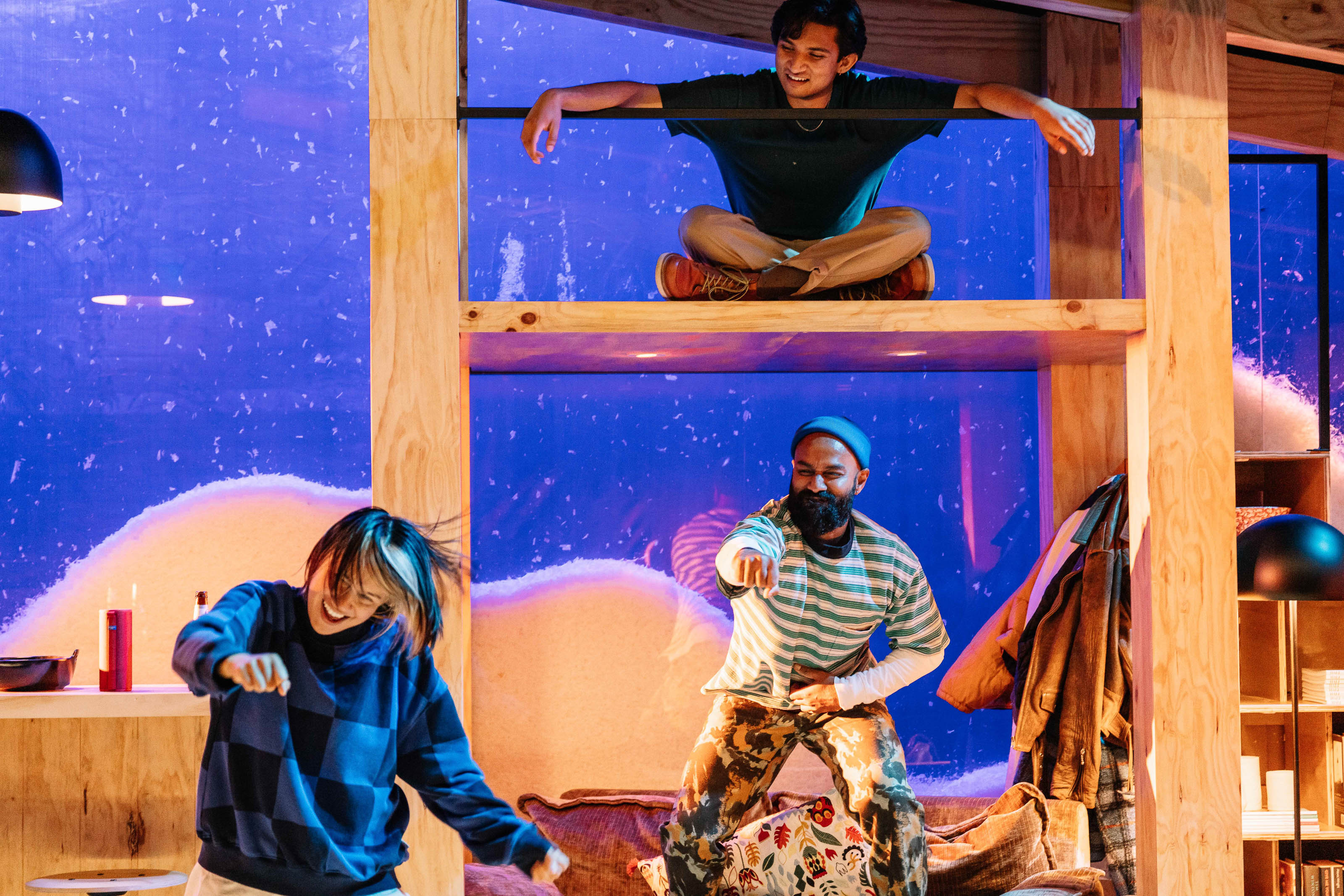 Production still for the 2022 Season of 'Stay Woke'. L-R: Brooke Lee, Dushan Philips, Kaivu Suvarna (above). Photographer: Phoebe Powell