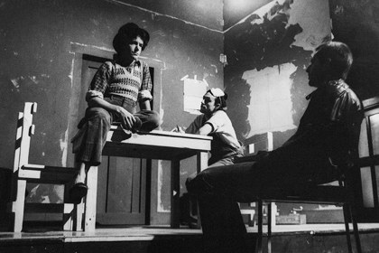 Rehearsals for "My Foot, My Tutor". L-R: Actors David Cameron and Alan Knoepfler with director Rex Cramphorn. Photographer: Unknown