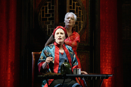 Production still for "Minefields and Miniskirts" (2004). L-R: Debra Byrne as The Nurse, Tracy Bartram as The Journalist. Photographer: Lisa Tomasetti