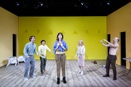 Production still for "The Temple". L-R: Ash Flanders, Aljin Abella, Mish Grigor, Genevieve Giuffre, Marcus McKenzie. Photographer: Pia Johnson