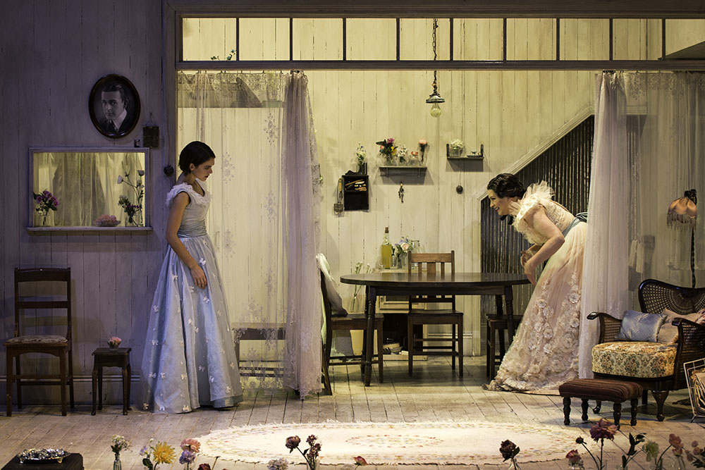 Production still for "The Glass Menagerie". L-R: Rose Riley as Laura Wingfield, Pamela Rabe as Amanda Wingfield. Photographer: Pia Johnson