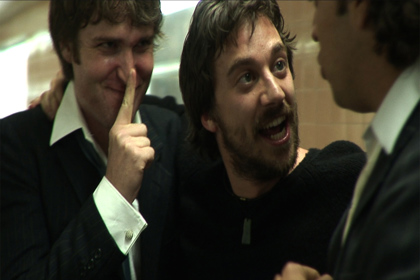 Still from the film "The Tragedy of Hamlet Prince of Denmark". L-R: Craig Robinson as Rosencrantz, Richard Pyros as Hamlet, Isaac Drandich as Guildenstern. Cinematographer: Ari Wegner
