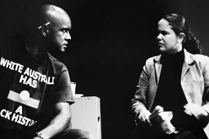 Production still for "Crow Fire". L-R: Tony Briggs as Jungi, Melodie Reynolds As Dayna. Photographer: Rachelle Roberts