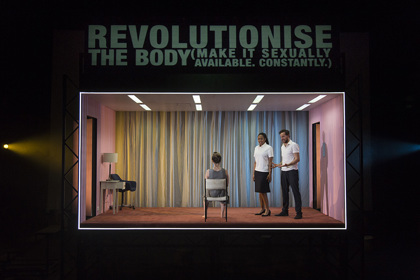 Production still for "Revolt. She Said. Revolt Again." L-R: Sophie Ross, Elizabeth Esguerra, Gareth Reeves. Photographer: Pia Johnson