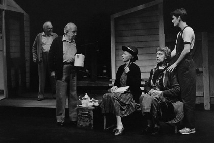 Production still for "Alive and Kicking". L-R: Robin Cuming as Alan, Brian James as Stan, Mary Ward as Louise, Patricia Kennedy as Rebecca, Damian Madigan as Peter. Photographer: Unknown