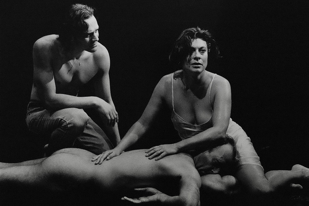 Production still for "The Glass Mermaid". L-R: Dino Marnika as Janko, Cathy Downes as Sara, William Gluth as Julian. Photographer: Jeff Busby