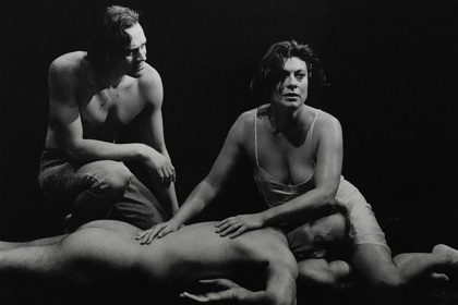 Production still for "The Glass Mermaid". L-R: Dino Marnika as Janko, Cathy Downes as Sara, William Gluth as Julian. Photographer: Jeff Busby