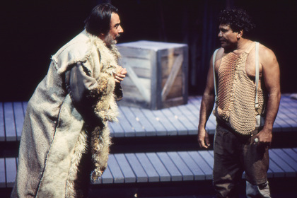 Production still for "The Head of Mary". L-R: Petru Gheorghiu as The Protector, Tom E. Lewis as Yabari. Photographer: Jeff Busby