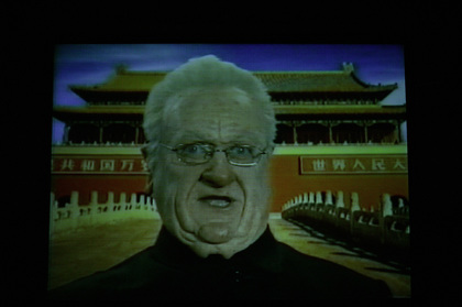 Production still for "The Big Con". Max Gillies as Rupert Murdoch. Photographer: Lisa Tomasetti