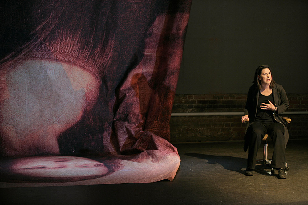 Production still for "Womanbomb". Pamela Rabe as The Woman. Photographer: Lisa Tomasetti