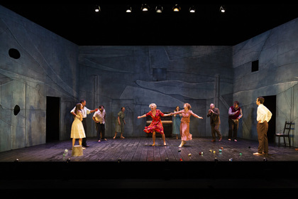 Production still for "Cloudstreet". L-R: BRenna Harding, Bert LaBonté, Ian Michael, Mikayla Merks, Natasha Herbert, Arielle Gray, Alison Whyte, Greg Stone, Benjamin Oakes, Guy Simon. Photographer: Pia Johnson