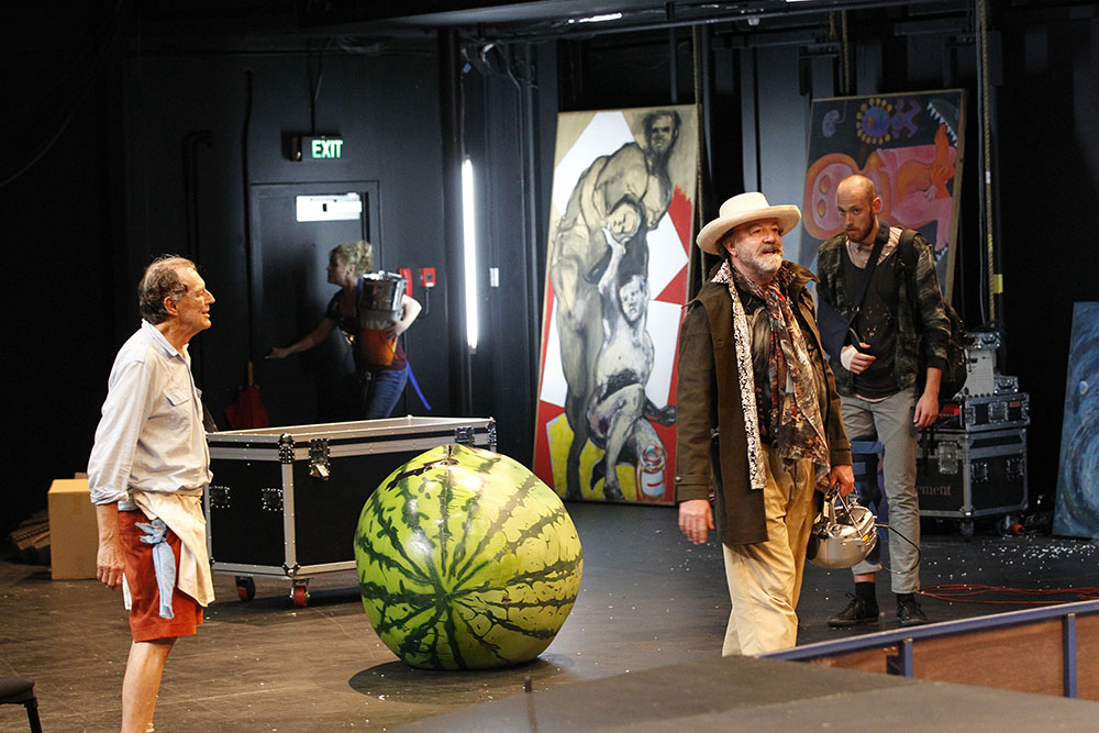 Production still for "The Histrionic". L-R: Barry Otto as The Landlord, Kelly Butler as The Landlady, Bille Brown as Bruscon, Josh Price as Ferrucio. Photographer: Jeff Busby