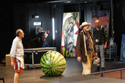Production still for "The Histrionic". L-R: Barry Otto as The Landlord, Kelly Butler as The Landlady, Bille Brown as Bruscon, Josh Price as Ferrucio. Photographer: Jeff Busby