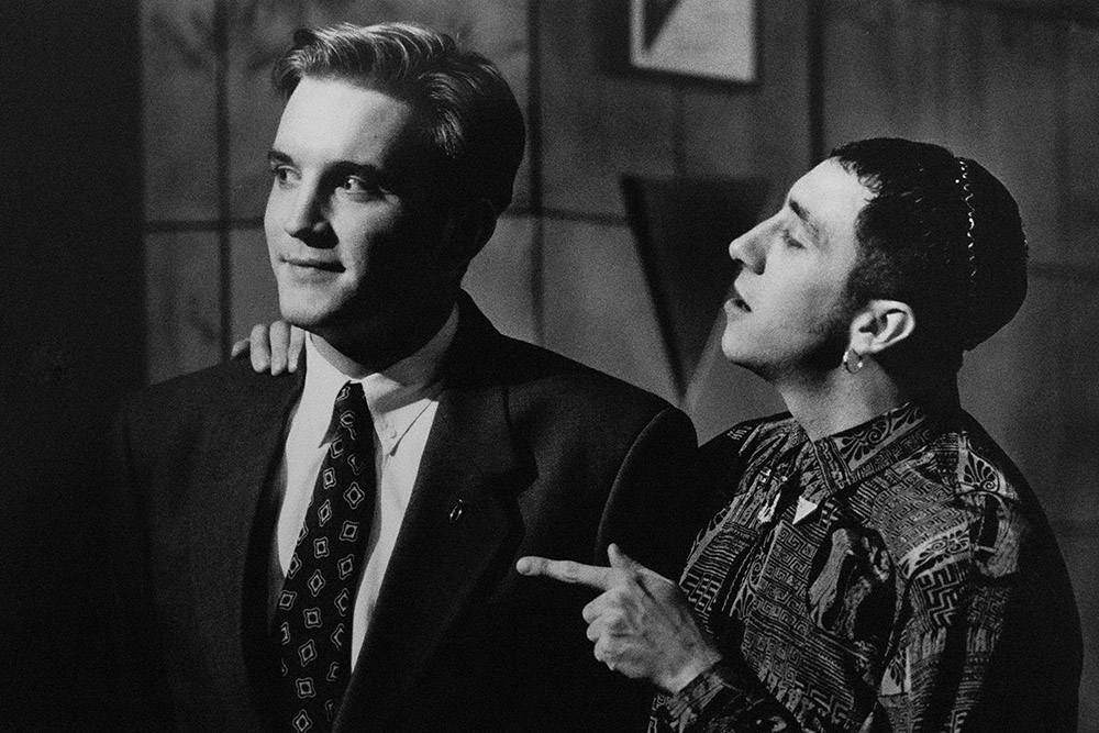 Production still for "The Adman". L-R: Ben Grant as Rhys Burns, Keith Agius as Steve Jacobs. Photographer: Jeff Busby