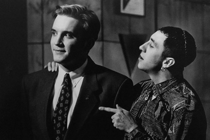 Production still for "The Adman". L-R: Ben Grant as Rhys Burns, Keith Agius as Steve Jacobs. Photographer: Jeff Busby