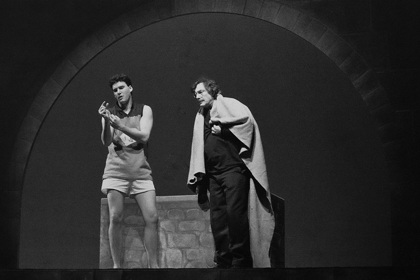 Production still for "The Passion and its Deep Connection with Lemon Delicious Pudding". L-R: Matthew Dyktynski, Ian Scott. Photographer: Unknown
