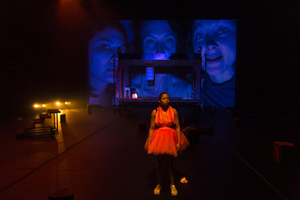 Production still for "Revolt. She Said. Revolt Again." Front: Elizabeth Esguerra. Rear L-R: Ming-Zhu Hii, Belinda McClory, Sophie Ross. Photographer: Pia Johnson