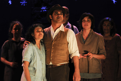 Production still for Sydney season of "Yibiyung". L-R: (front) Miranda Tapsell as  Yibiyung, David Page as Uncle, Jada Alberts as Yirribin. Photographer: Heidrun Löhr