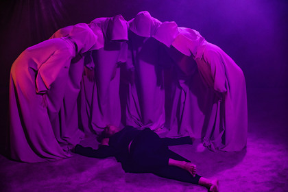 Production still for "My Dearworthy Darling". Jennifer Vuletic (centre). Photographer: David Paterson