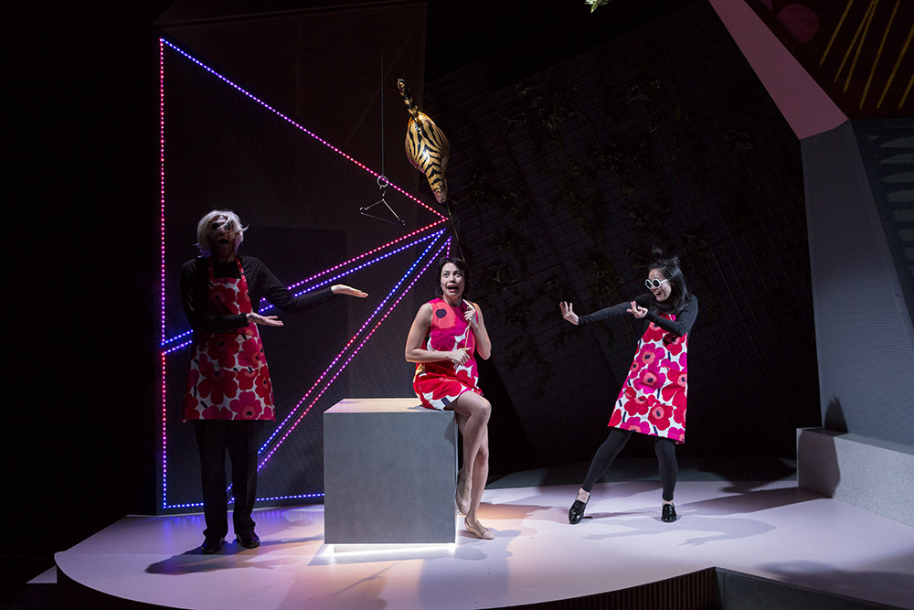 Production still from the STC season of "Going Down". L-R: Josh Price, Catherine Davies, Jenny Wu. Photographer: Brett Boardman