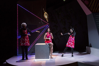 Production still from the STC season of "Going Down". L-R: Josh Price, Catherine Davies, Jenny Wu. Photographer: Brett Boardman