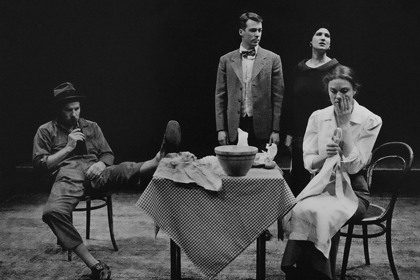 Production still for "Earthly Paradise". L-R: Robert Morgan, Ezra Bix, Elly Varrenti, Nadja Kostich. Photographer: Jeff Busby